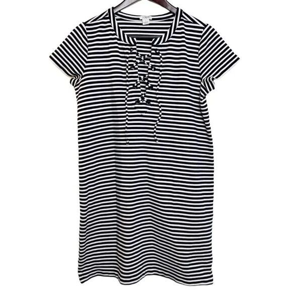 J. Crew Striped Lace Up Short Sleeve Dress Navy Blue and White Size Small - Picture 1 of 5